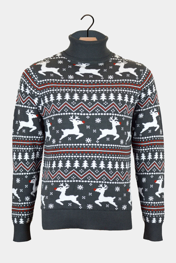 Maglione Natalizio da Uomo Cotone Collo Alto Grigio Renne Biologico