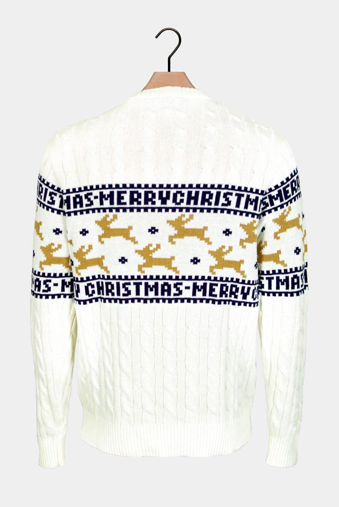 Maglione Natalizio di Coppia in Cotone Biologico Elegante con Renne Bianco