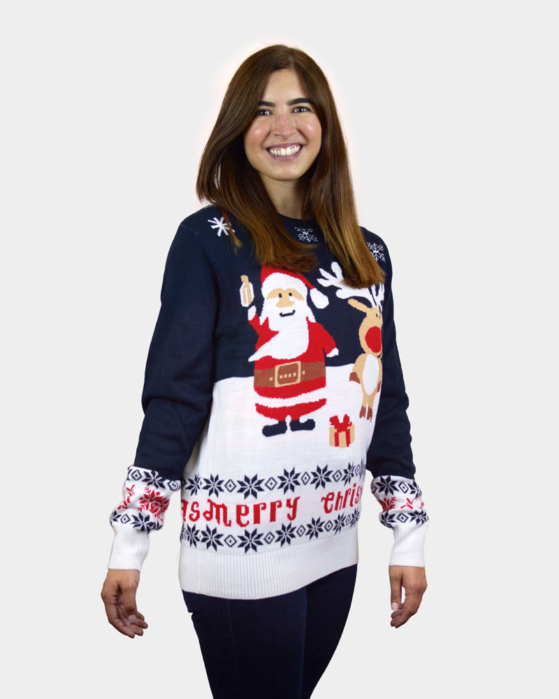 Maglione Natalizio Donna in Cotone Bio Blu Babbo Natale Renna Rudolph
