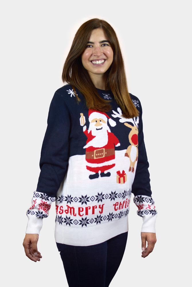 Maglione Natalizio Donna in Cotone Bio Blu Babbo Natale Renna Rudolph
