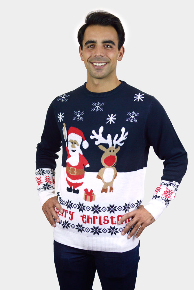 Maglione Natalizio Uomo Cotone Biologico Blu Babbo Natale Renna Rudolph