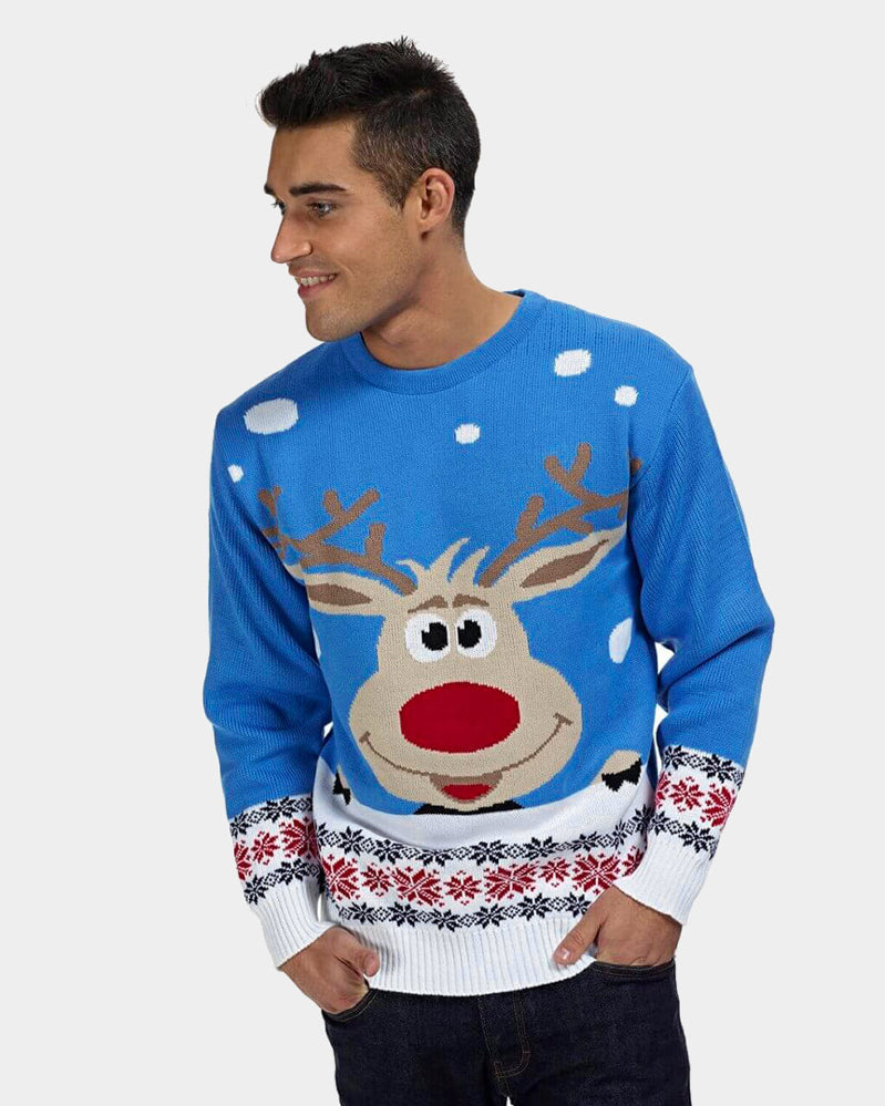 Maglione Natalizio da Donna Uomo Azzurro con Renna e Neve