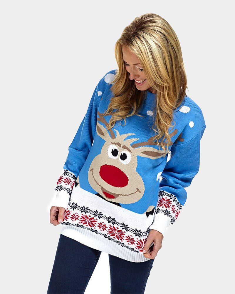 Maglione Natalizio da Donna Azzurro con Renna e Neve