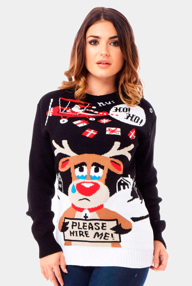 Maglione Natalizio Donna Babbo Natale e Renna in Cerca di Lavoro