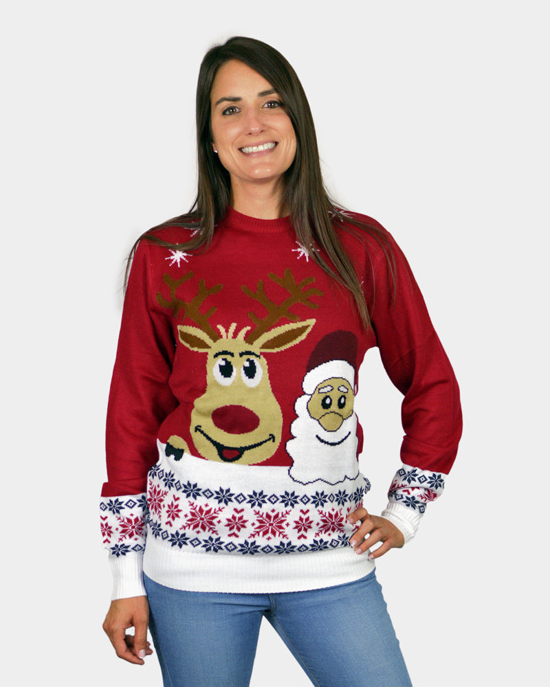 Maglione Natalizio da Donna Babbo Natale e Renna Rudolph Sorridentes
