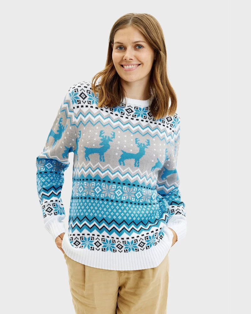 Maglione Natalizio da Donna Bianco, Grigio e Blu con Renne Elegante