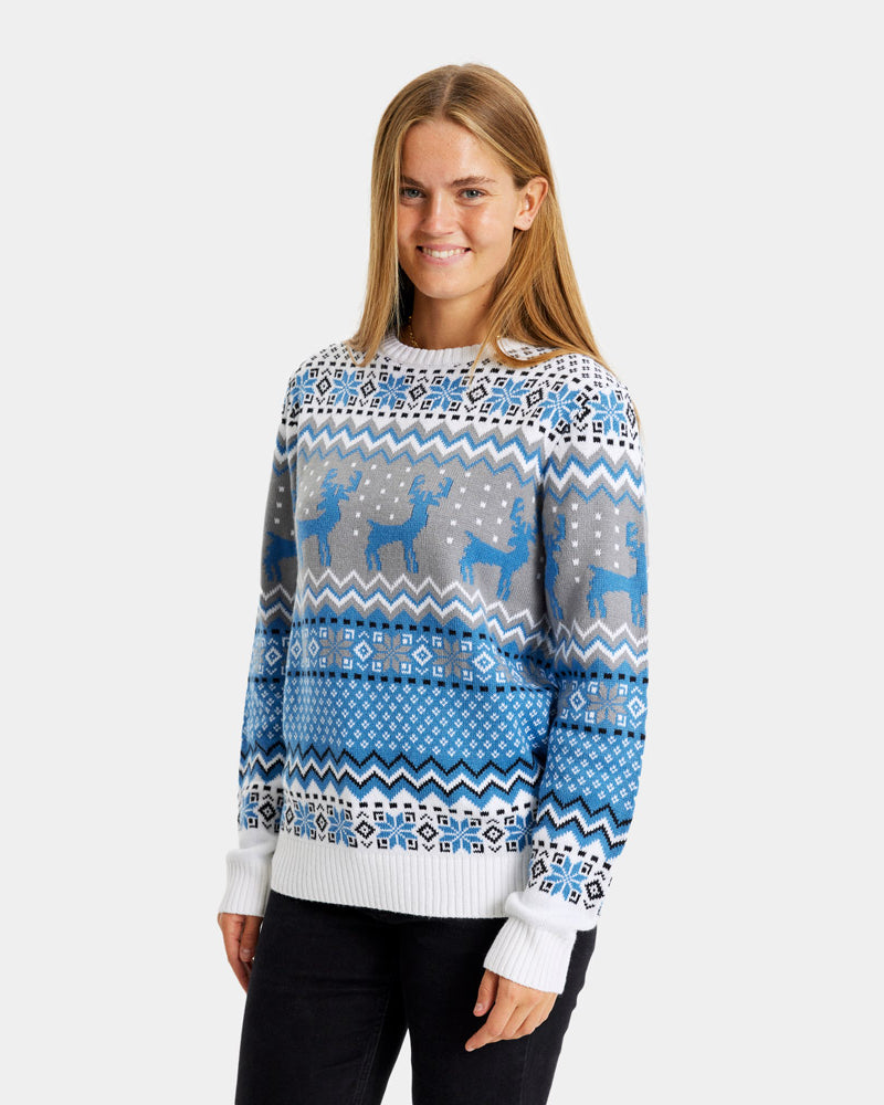 Maglione Natalizio da Donna Bianco, Grigio e Blu con Renne Elegante
