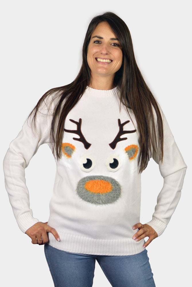 Maglione Natalizio da Donna Bianco con Renna 3D