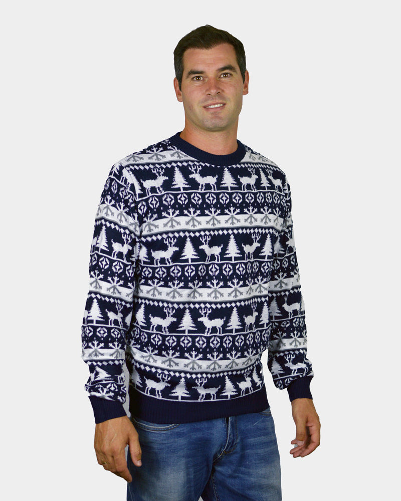 Maglione Natalizio da Donna Uomo Blu Alberi di Natale e Renne
