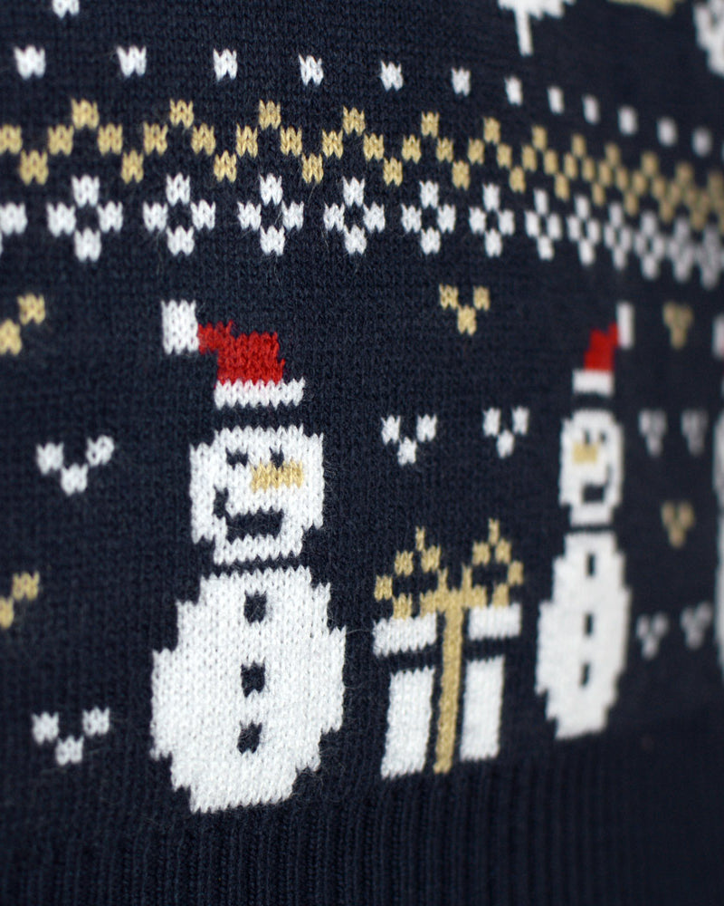 Maglione Natalizio da Donna Blu con Pupazzi e Motivi Natalizi di Neve