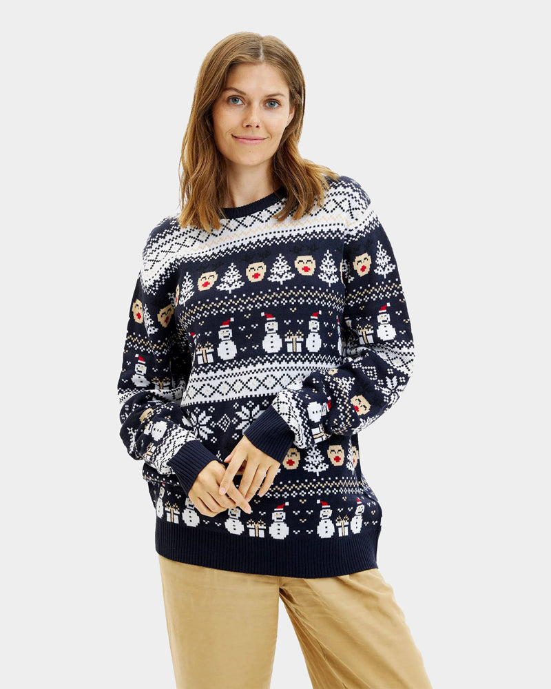 Maglione Natalizio da Donna Blu con Pupazzi di Neve e Motivi Natalizi