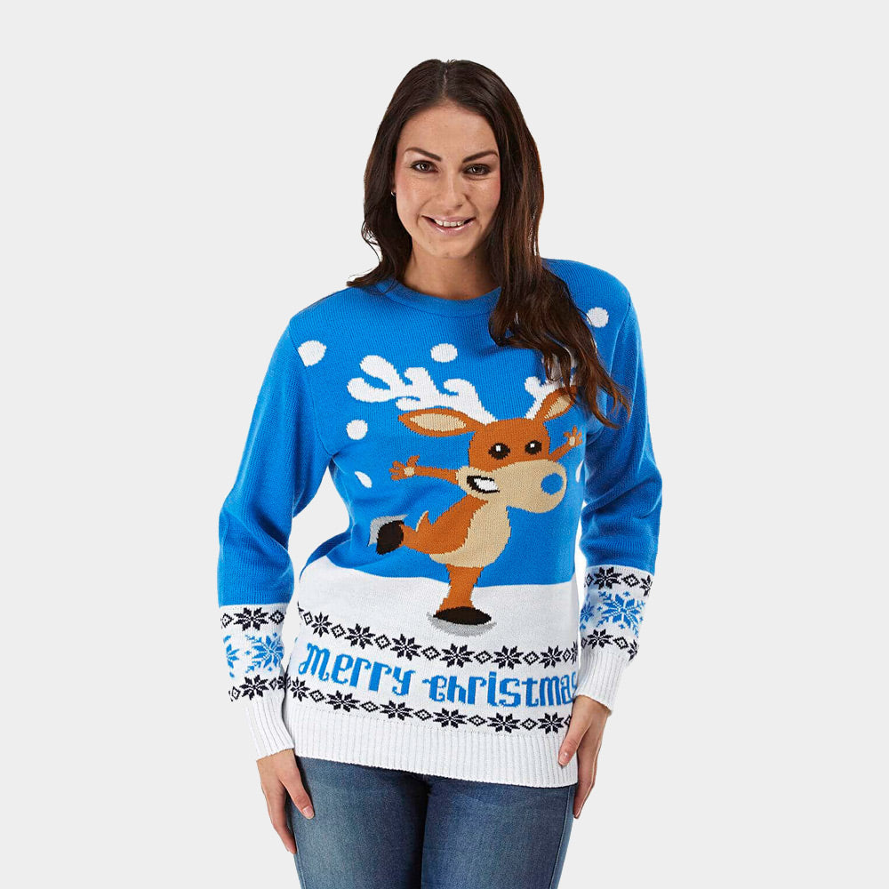 Maglione Natalizio da Donna Blu con Renna che Pattina