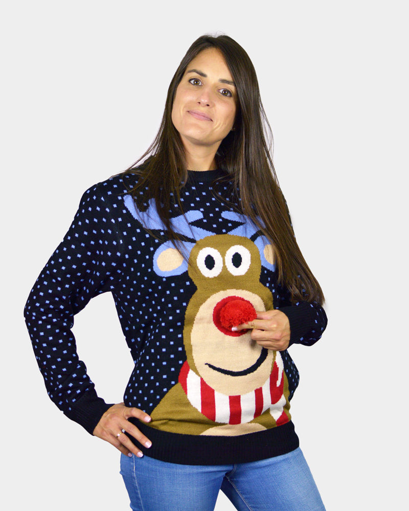 Maglione Natalizio da Donna Blu Renna Rudolph con Naso Rosso in 3D