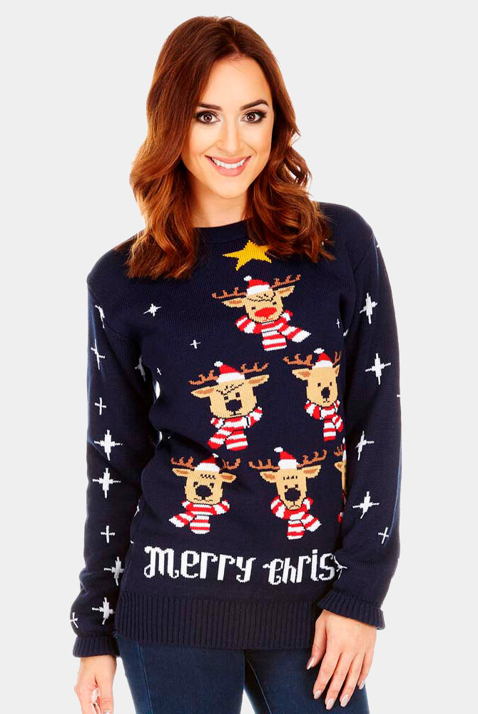 Maglione Natalizio Donna Blu con Renne Albero Natalizio Stella