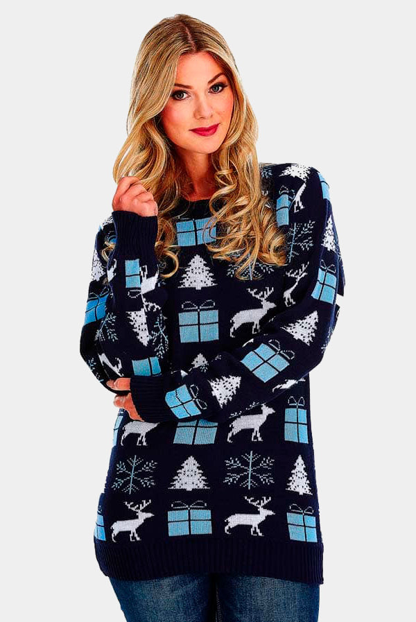Maglione Natalizio da Donna Blu con Renne, Regali e Pini