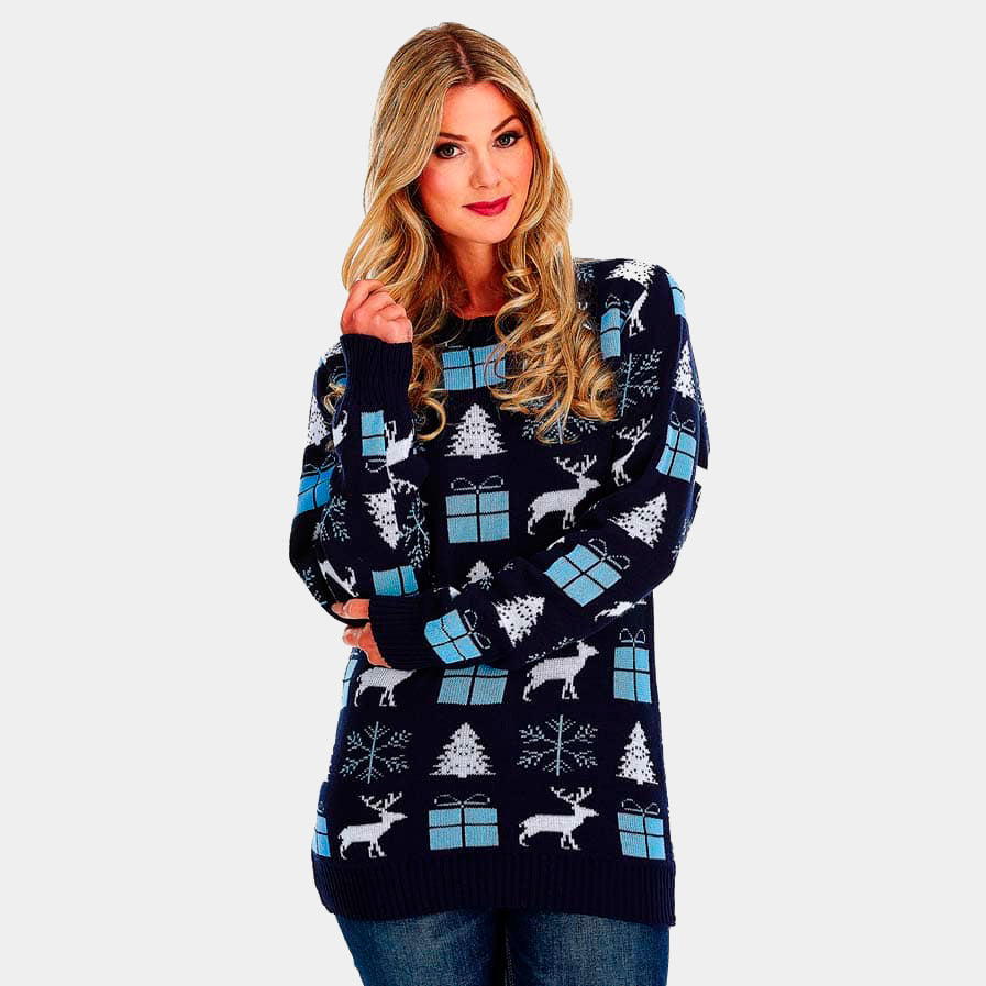 Maglione Natalizio da Donna Blu con Renne, Regali e Pini