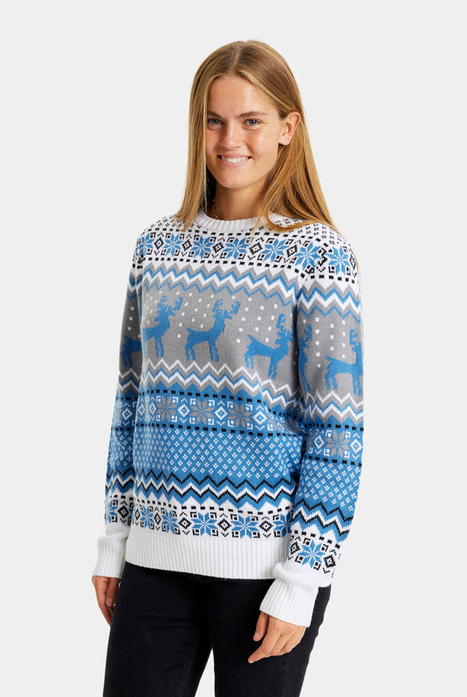 Maglione Natalizio Donna Coppia Bianco, Grigio e Blu con Renne Elegante