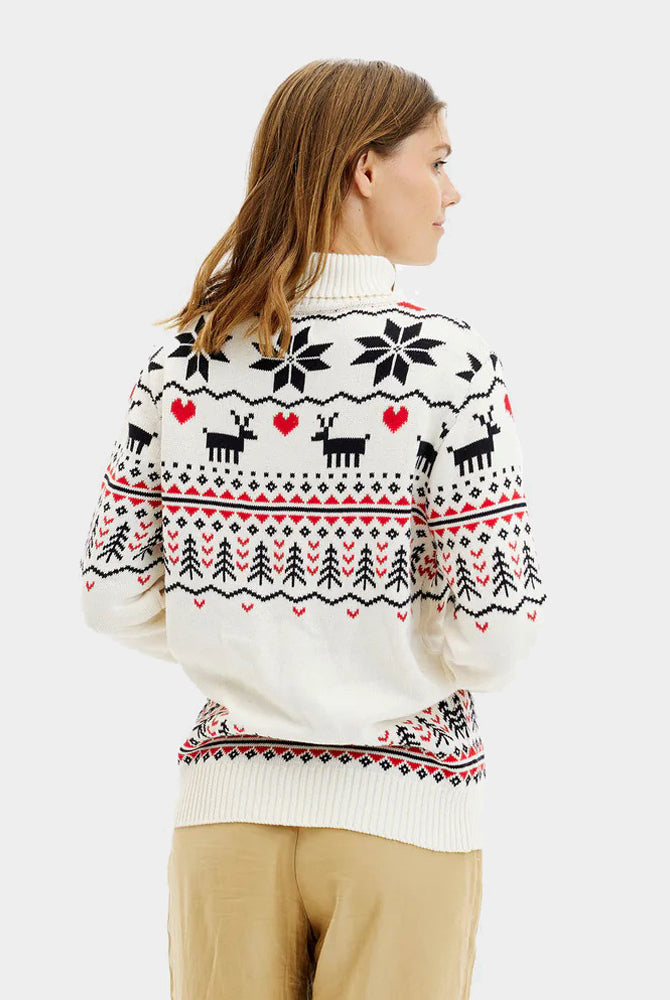 Maglione Natalizio Donna Coppia in Cotone Biologico a Collo Alto Elegante Beige