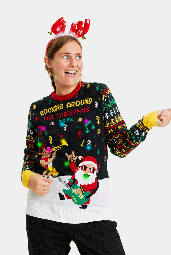 Maglione Natalizio di Coppia Donna con Luci LED Babbo Natale Rocker