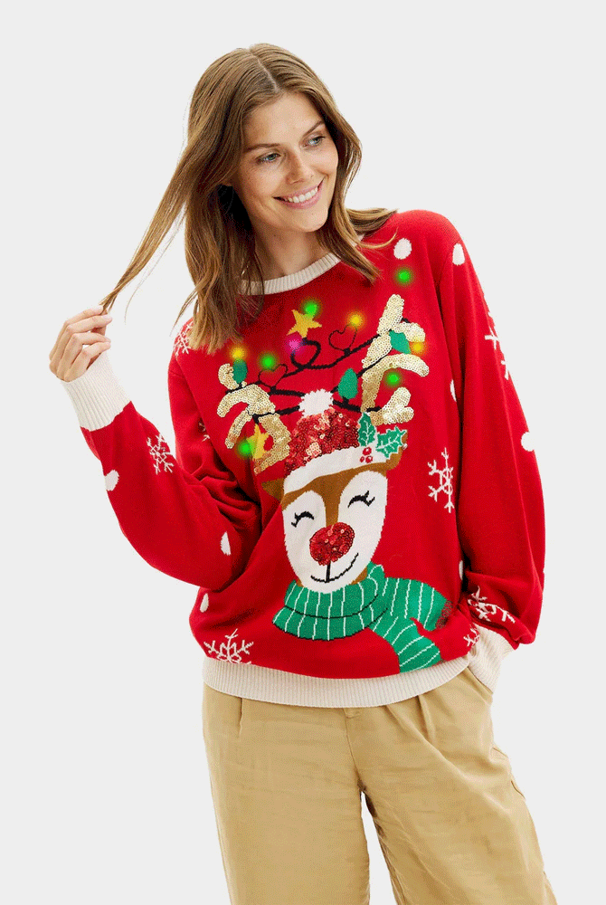 Maglione Natalizio Donna Coppia Luci LED Renna Brillante Paillettes