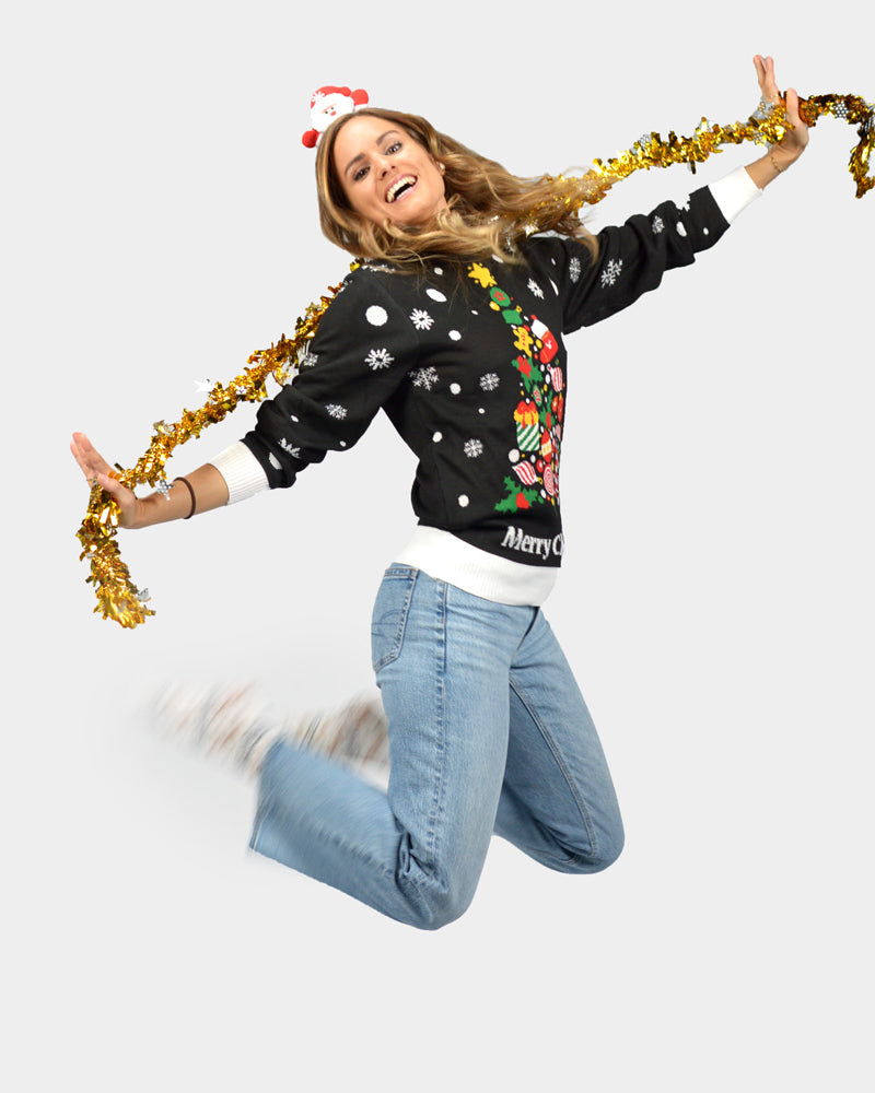 Maglione Natalizio Donna Coppia Nero con Albero Natalizio