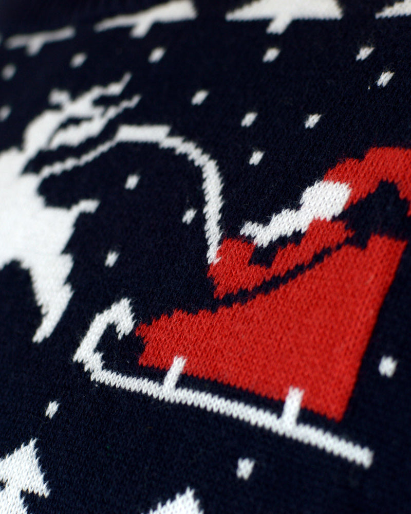 Maglione Natalizio da Donna Cotone Biologico Blu Alberi Babbo Natale Pupazzi di Neve