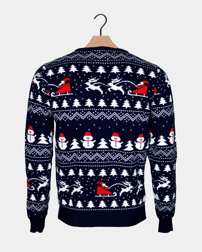 Maglione Natalizio Donna Cotone Biologico Blu Alberi Pupazzi di Neve Babbo Natale