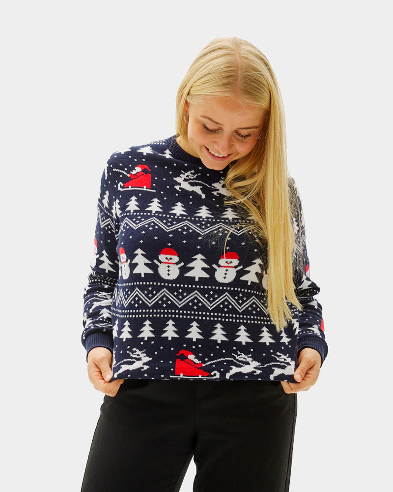 Maglione Natalizio da Donna Cotone Biologico Blu Alberi Pupazzi di Neve Babbo Natale