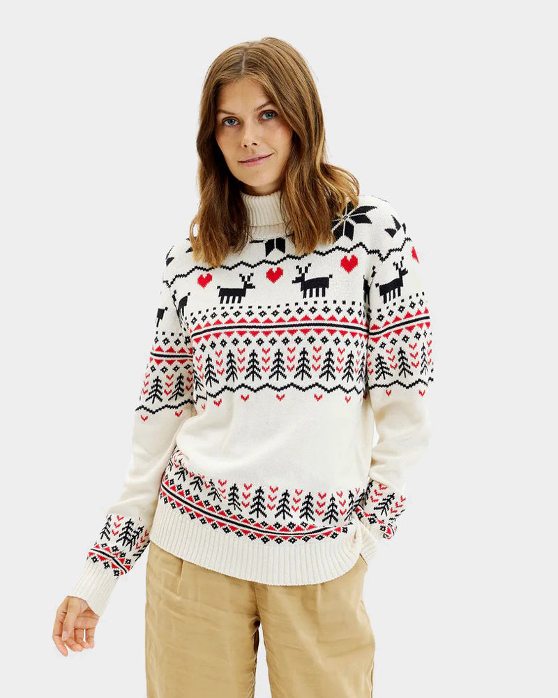 Maglione Natalizio da Donna in Cotone Biologico a Collo Alto Elegante Beige