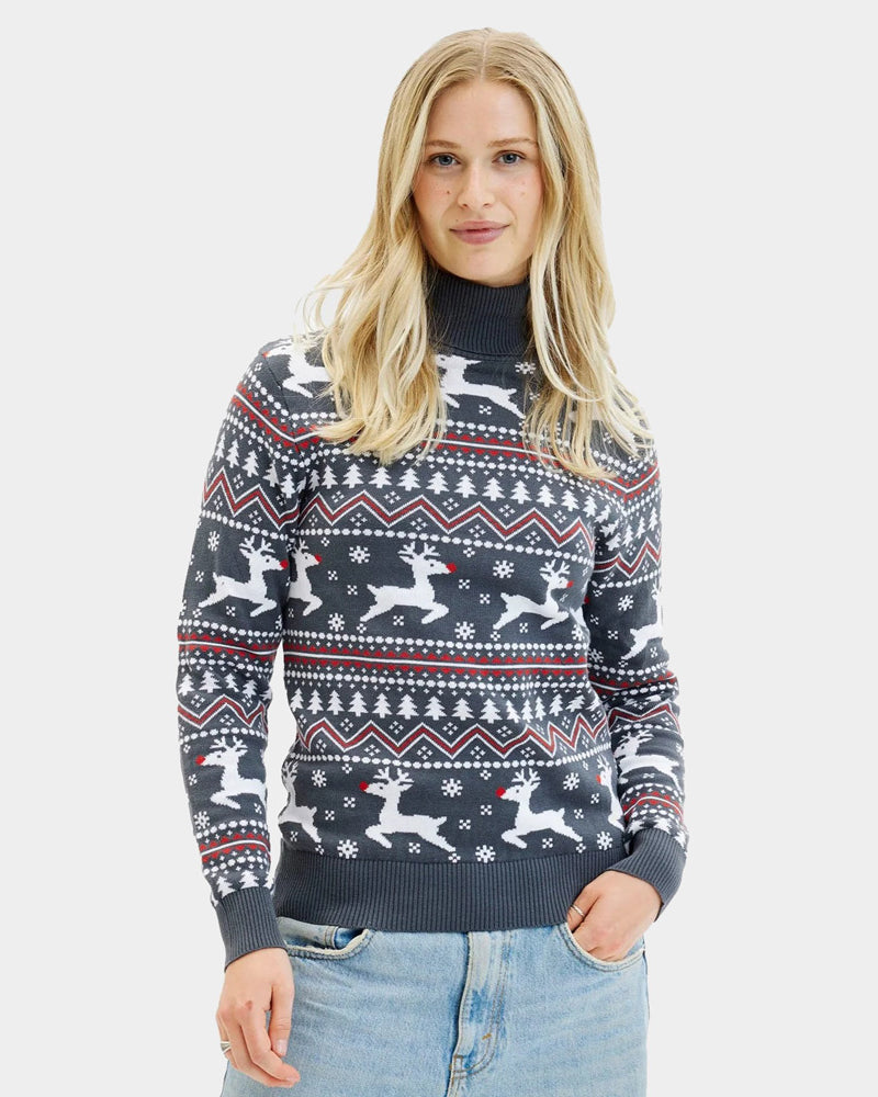 Maglione Natalizio da Donna in Cotone Biologico a Collo Alto Grigio con Renne