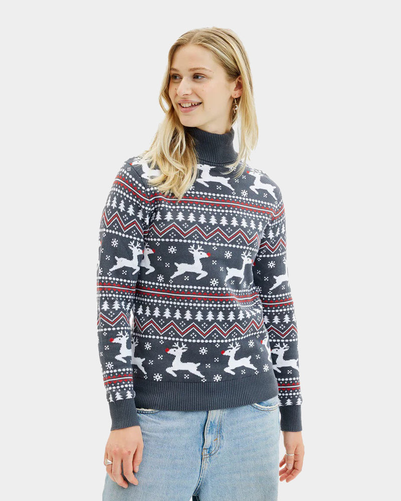 Maglione Natalizio Donna in Cotone Biologico a Collo Alto Grigio Renne