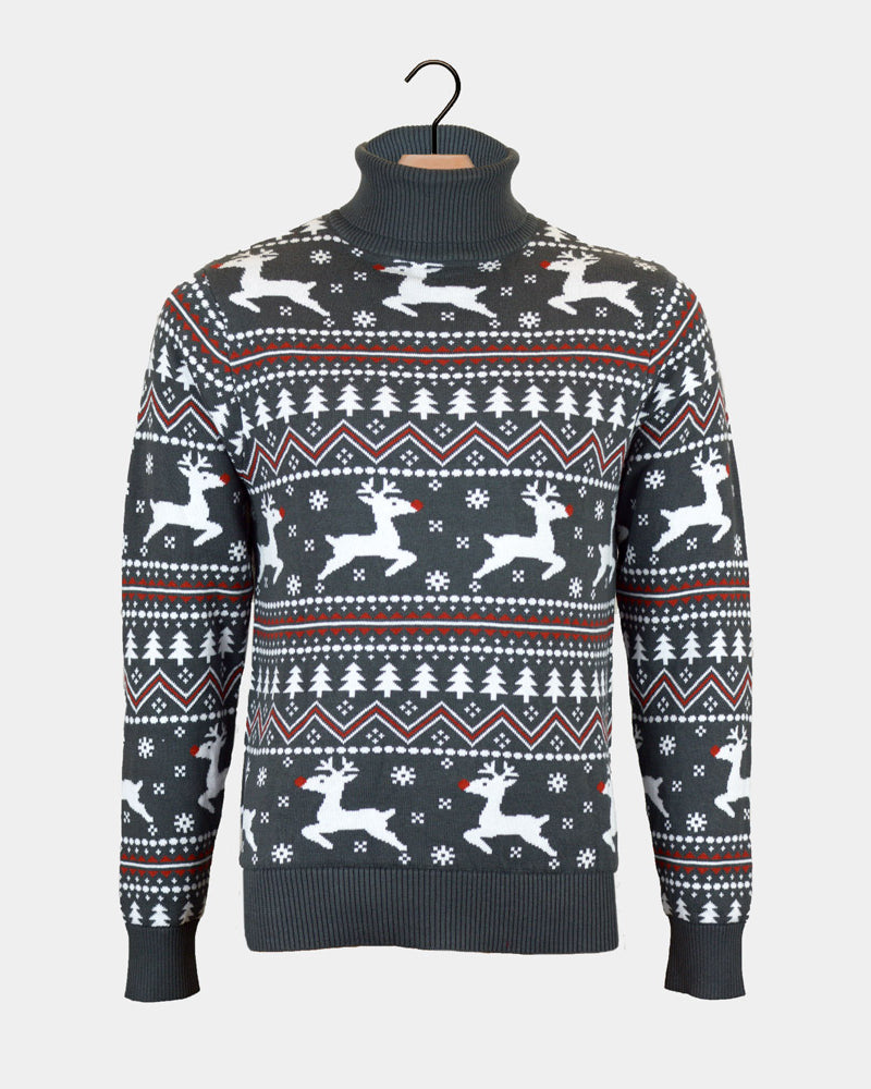 Maglione Natalizio da Donna Cotone Biologico Collo Grigio Renne Alto