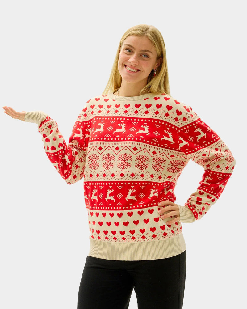 Maglione Natalizio da Donna in Cotone Biologico con Cuori Rossi e Beige