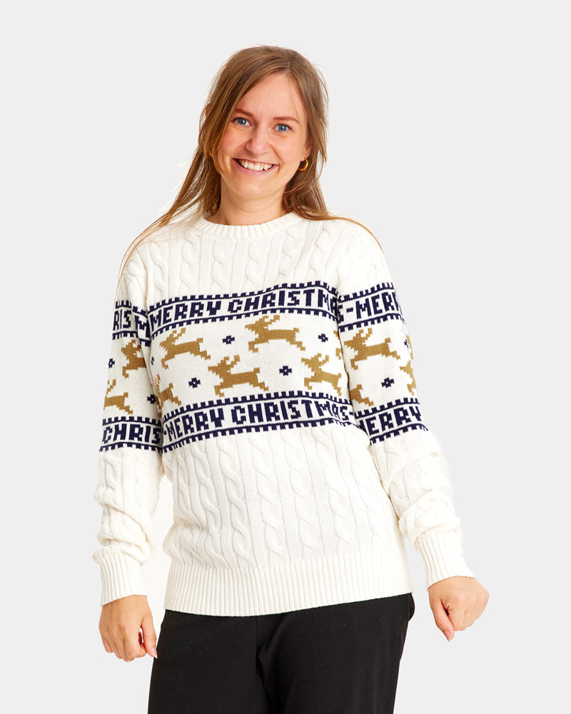 Maglione Natalizio da Donna in Cotone Biologico Elegante Bianco con Renne