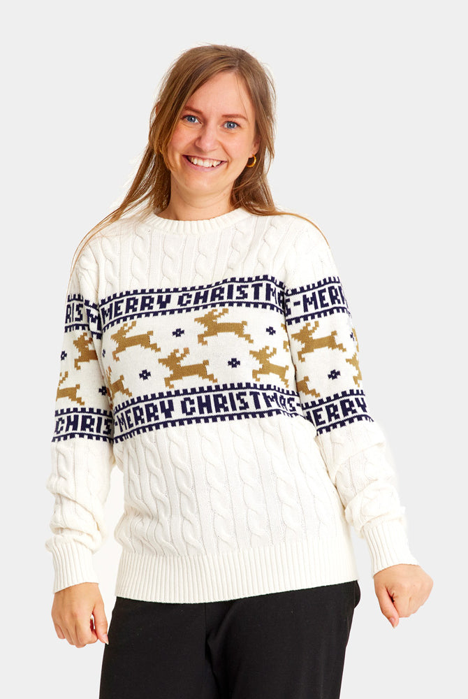 Maglione Natalizio da Donna in Cotone Biologico Elegante Bianco con Renne