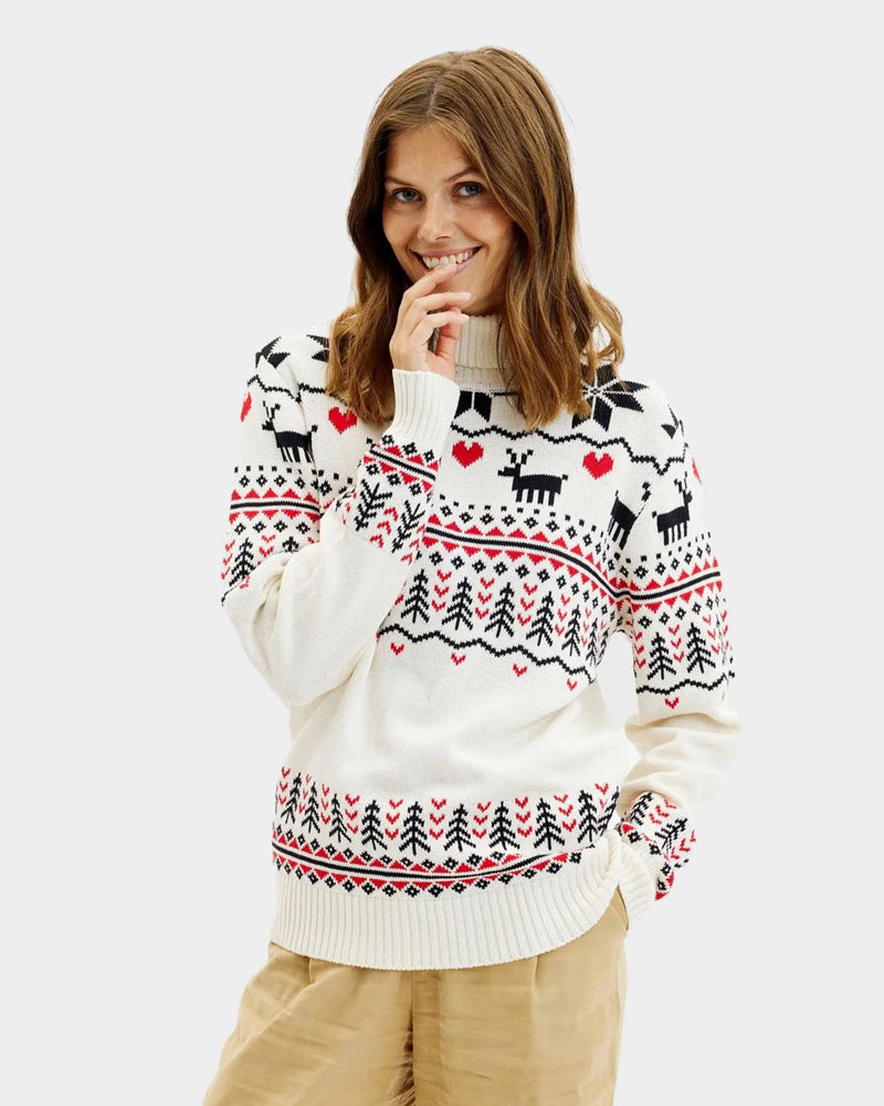 Maglione Natalizio Donna Cotone Biologico a Collo Alto Elegante Beige