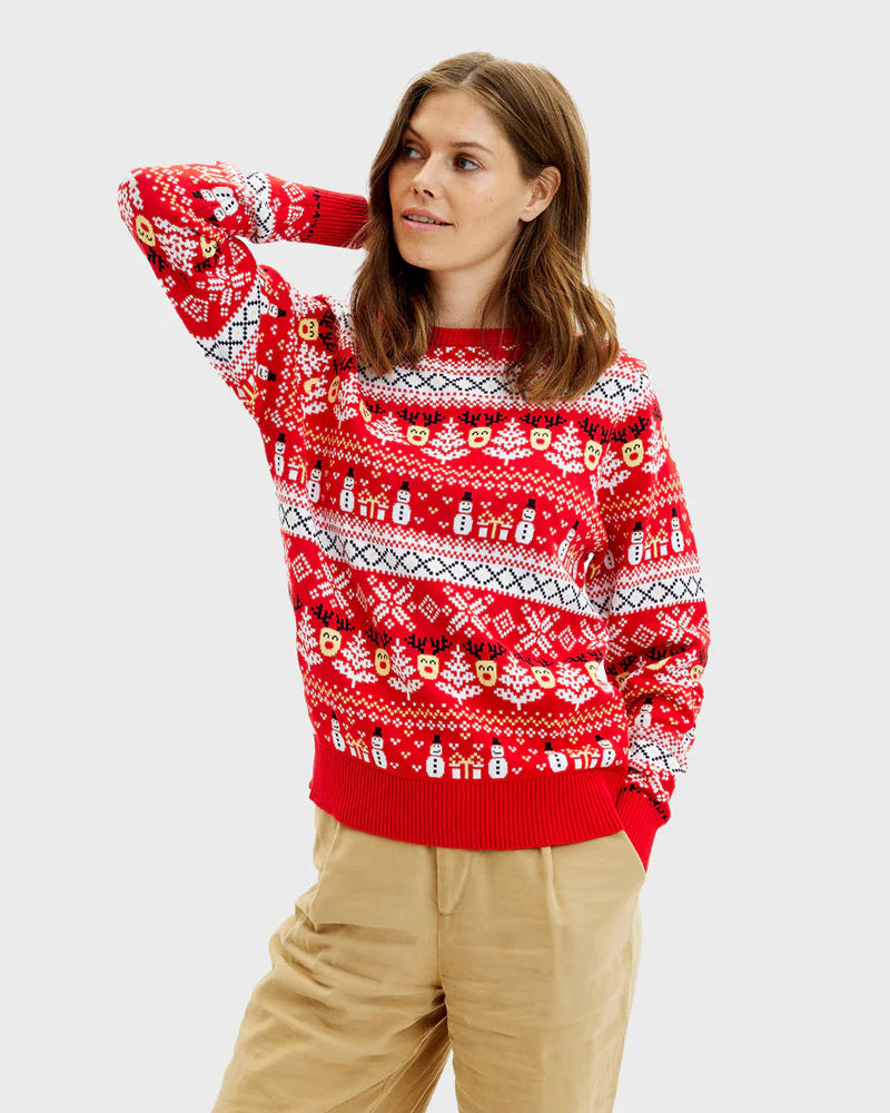 Maglione Natalizio da Donna in Cotone Biologico Rosso Pupazzi Neve e Motivi Natalizi