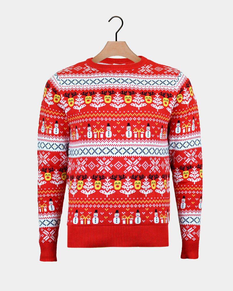 Maglione Natalizio Donna in Cotone Biologico Rosso Pupazzi Neve e Motivi Natalizi