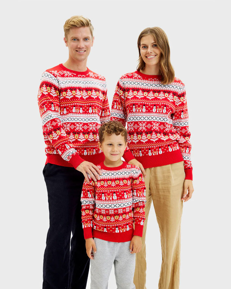 Maglione Natalizio da Donna Famiglia Cotone Biologico Rosso Pupazzi Neve e Motivi Natalizi