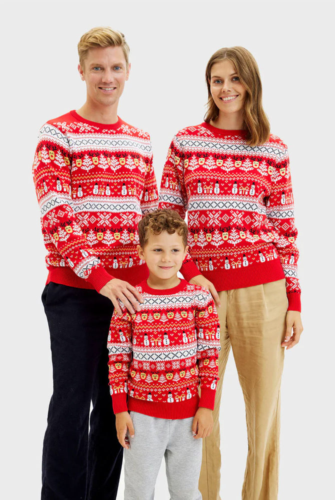 Maglione Natalizio da Donna Famiglia Cotone Biologico Rosso Pupazzi Neve e Motivi Natalizi