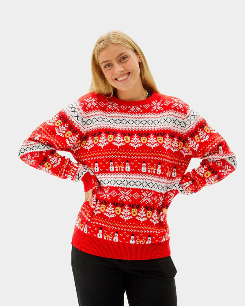 Maglione Natalizio da Donna Cotone Biologico Rosso Pupazzi di Neve Motivi Natalizi