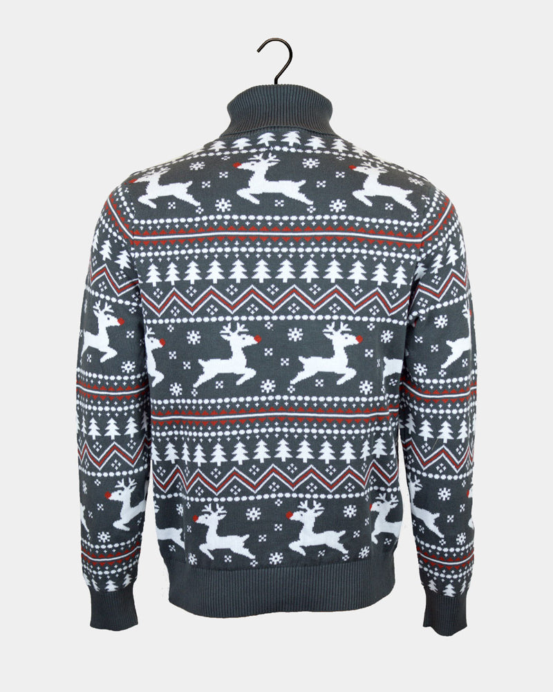 Maglione Natalizio da Donna Cotone Collo Alto Grigio Renne Biologico