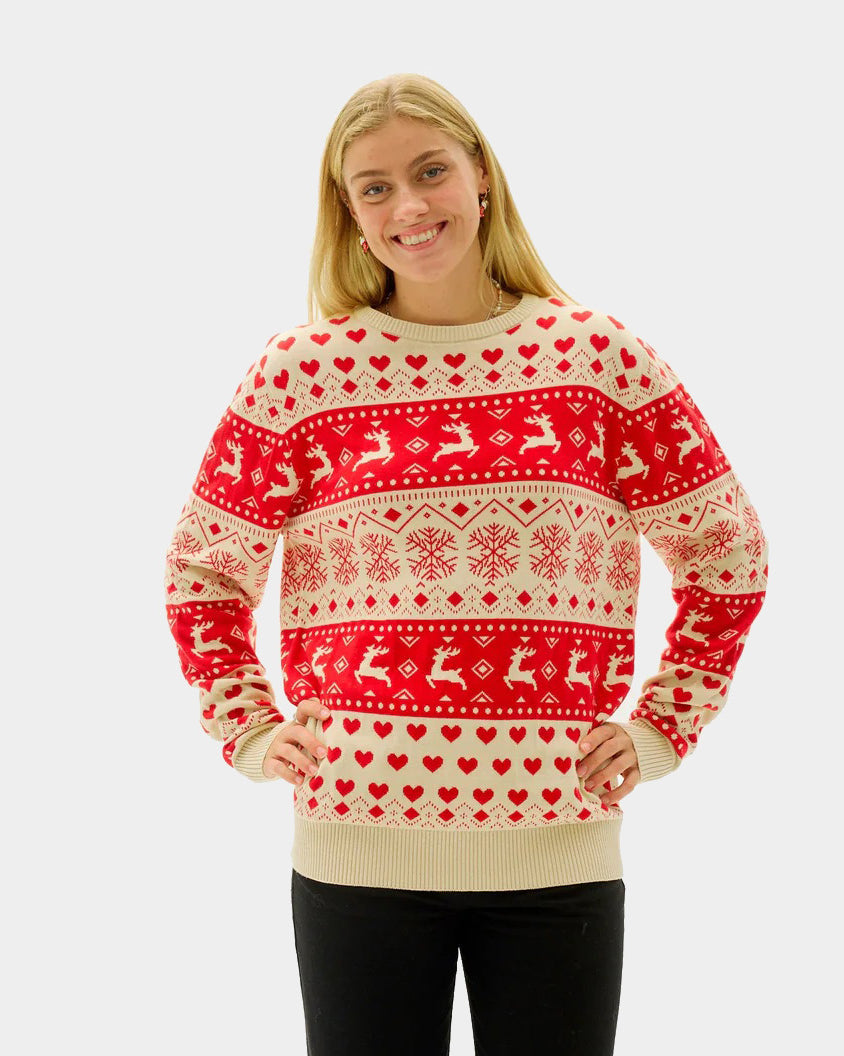Maglione Natalizio Donna  Cotone Biologico con Cuori Rossi e Beige