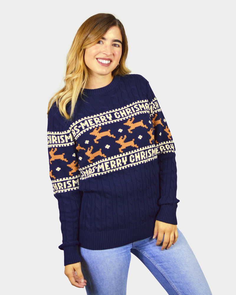 Maglione Natalizio da Donna Elegante Blu con Renne