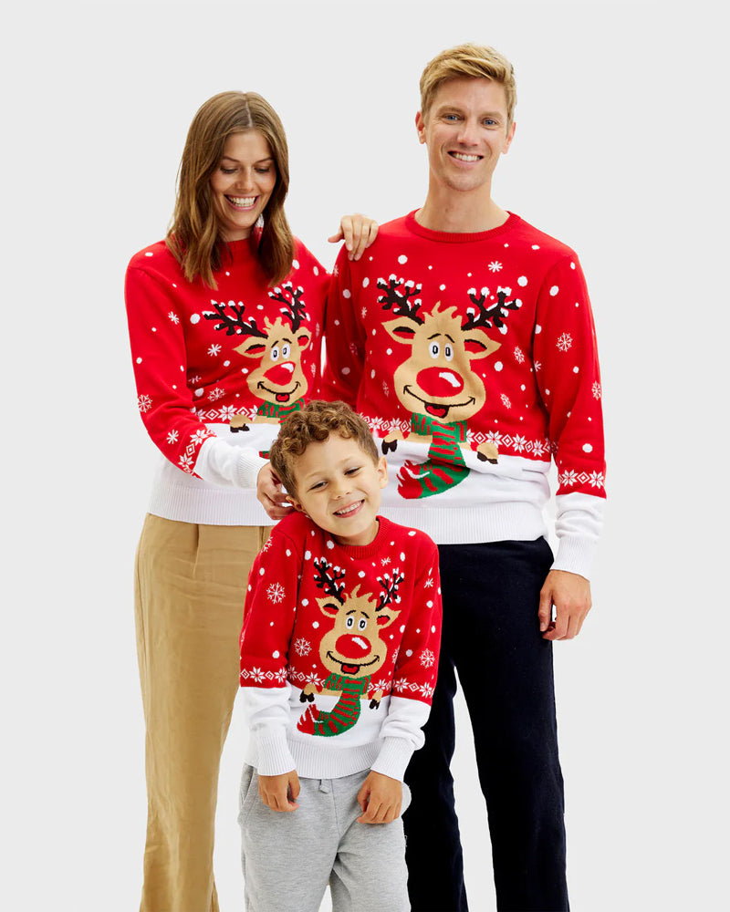 Maglione Natalizio da Donna Famiglia in Cotone Biologico con Renna con Sciarpa