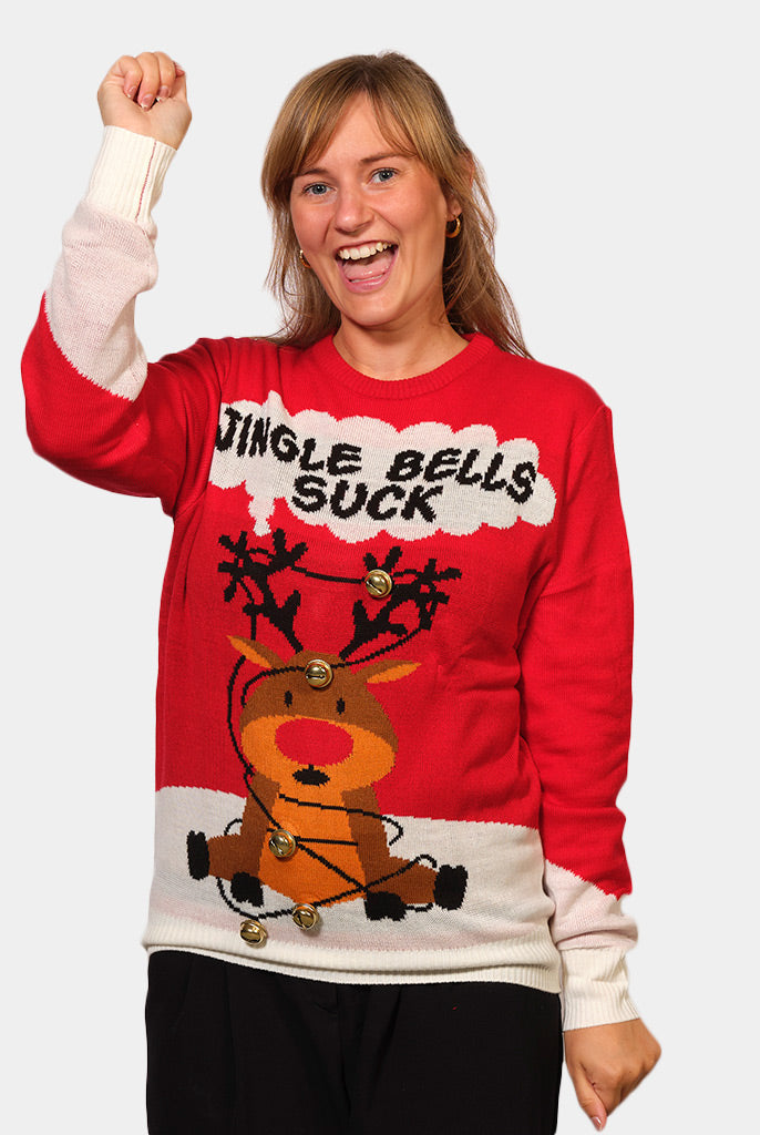 Maglione Natalizio da Donna Jingle Bells Suck Rosso con Campanelli 3D