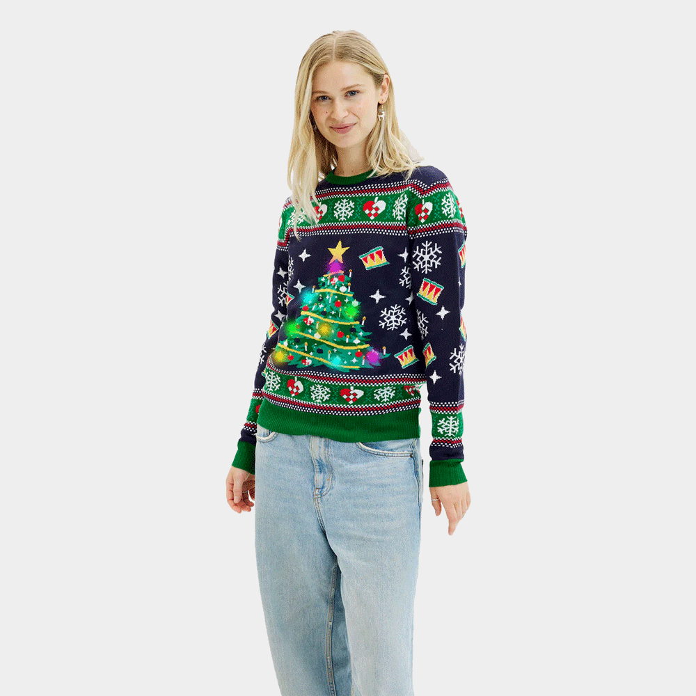 Maglione Natalizio da Donna Luci LED Blu con Albero di Natale
