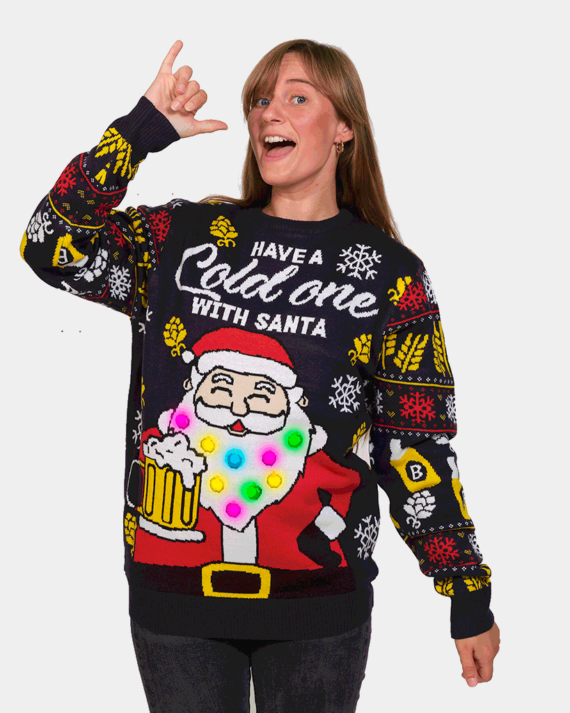 Maglione Natalizio da Donna con Luci LED Babbo Natale con Birra