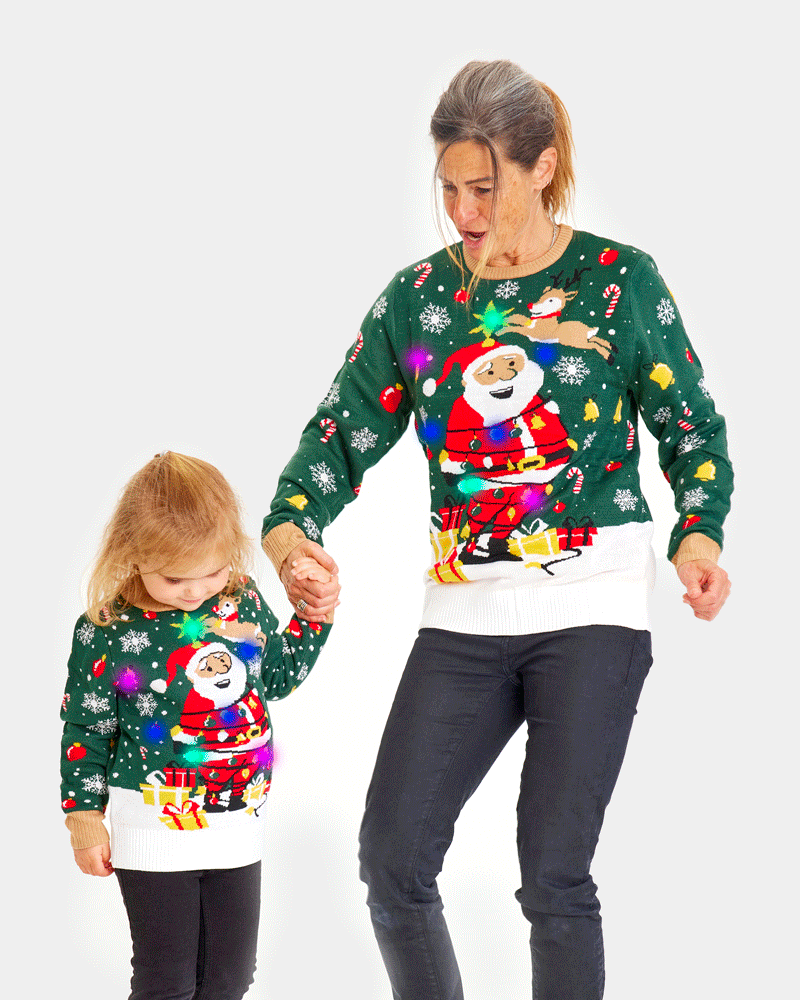 Maglione Natalizio da Donna e Bambini con Luci LED Babbo Natale in Confusione