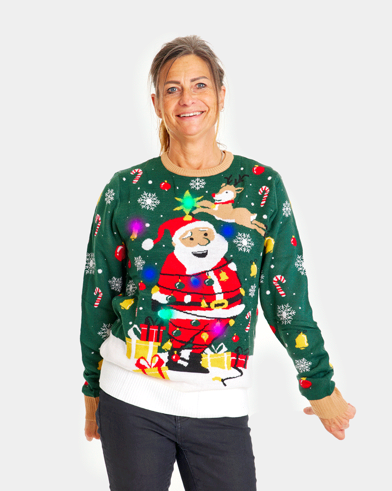 Maglione Natalizio da Donna con Luci LED Babbo Natale in Confusione